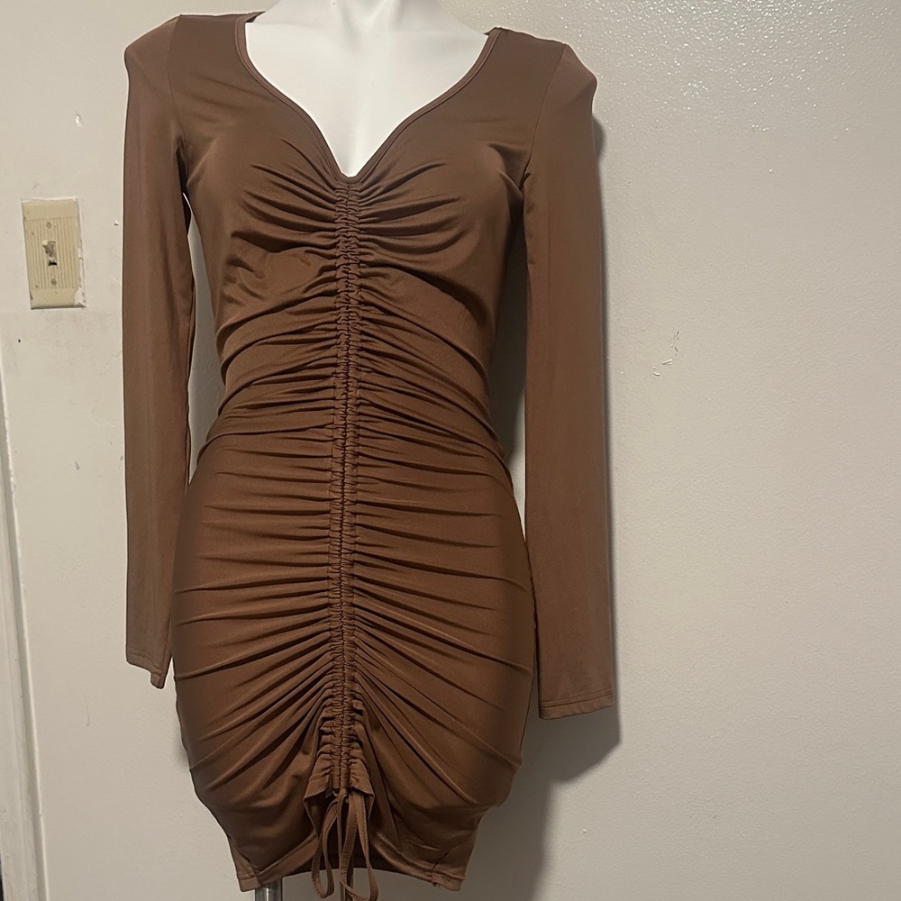 SHEIN Brown Ruched Long-Sleeve Bodycon Dress